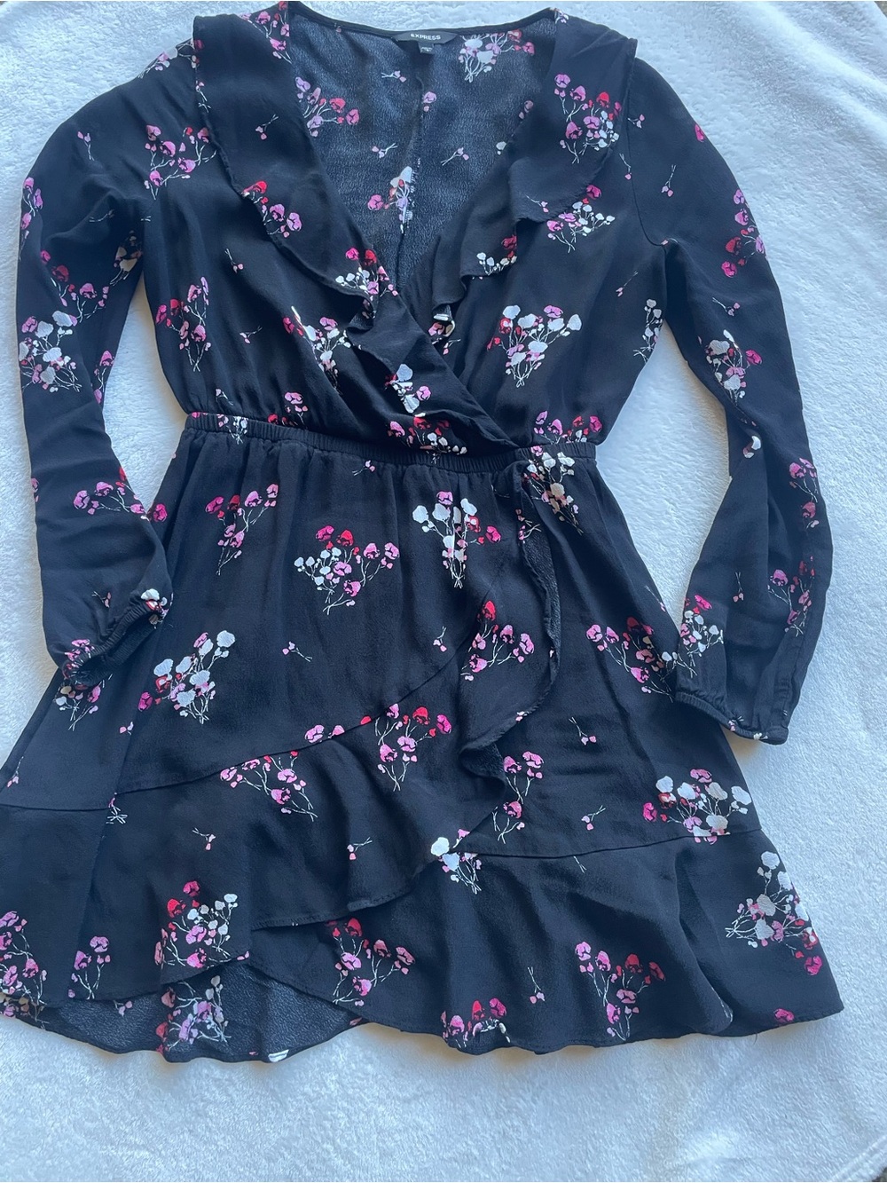 Express Black Floral Ruffle Wrap Mini Dress with Pink & White Blooms